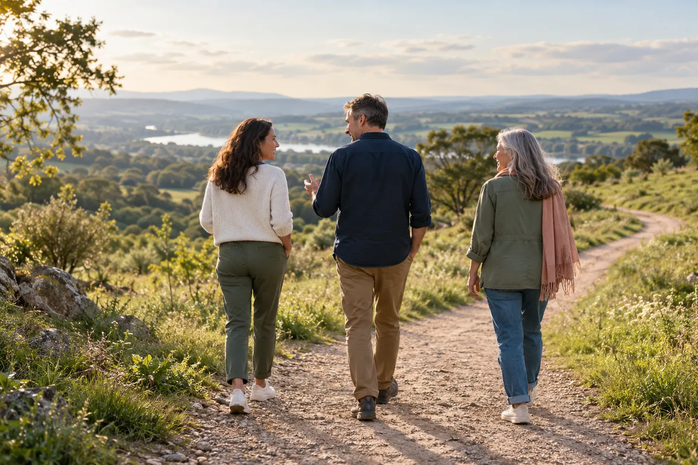Three people walking and talking together on a path above a wide green valley