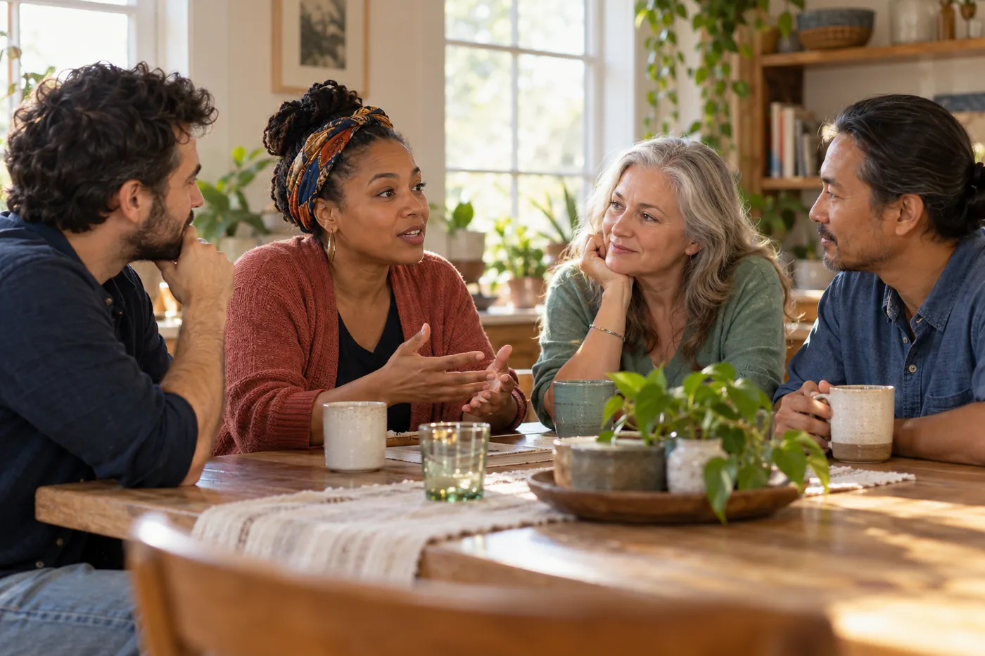 Four people around a kitchen table, one of them telling her story while the others listen