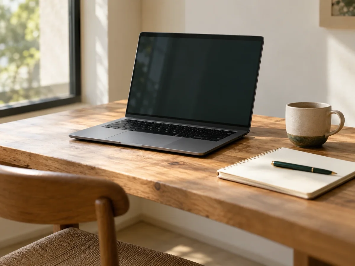 A laptop, a notebook with a pen and a ceramic mug on a wooden desk by a sunny window
