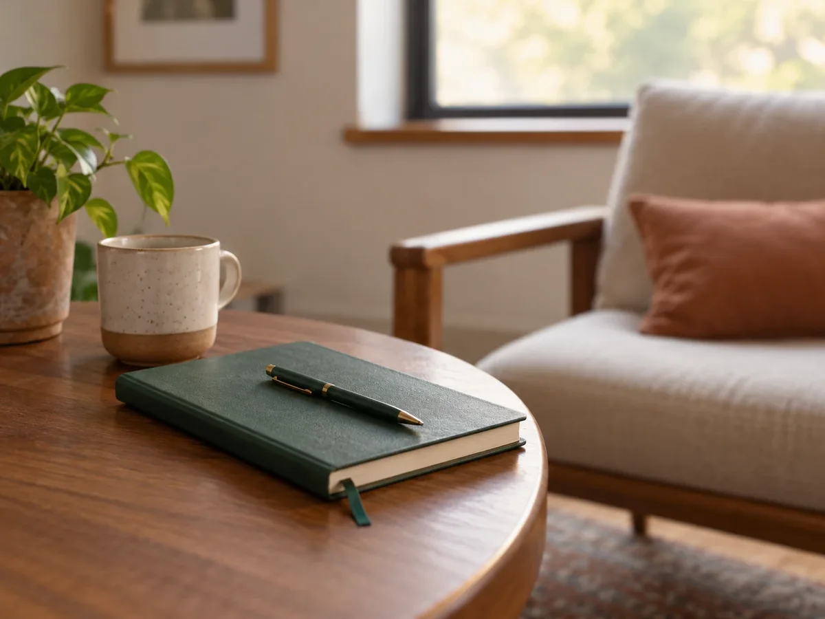 A green notebook and pen on a round wooden table next to a mug and a plant, with an armchair behind