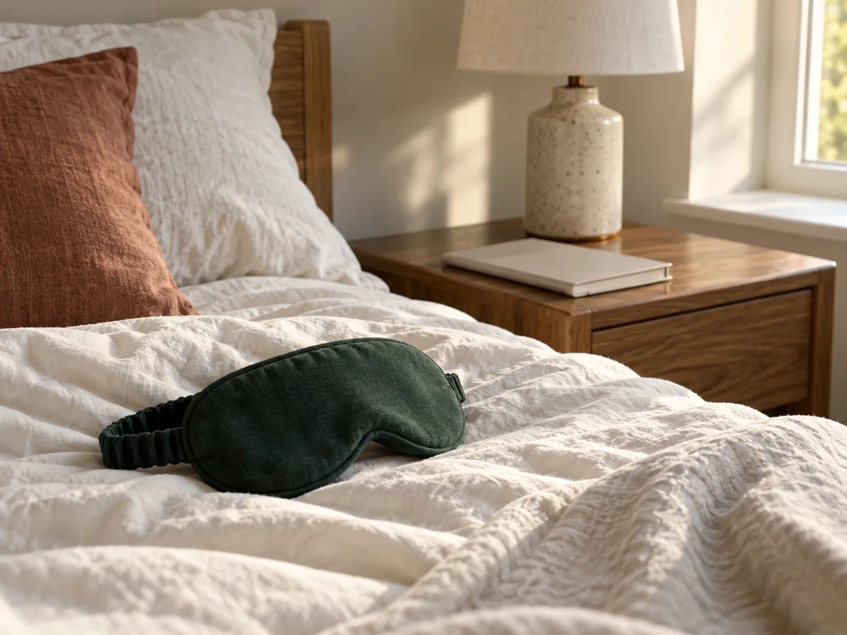 A sleep mask on a white duvet beside a wooden nightstand with a lamp and a book in soft morning light